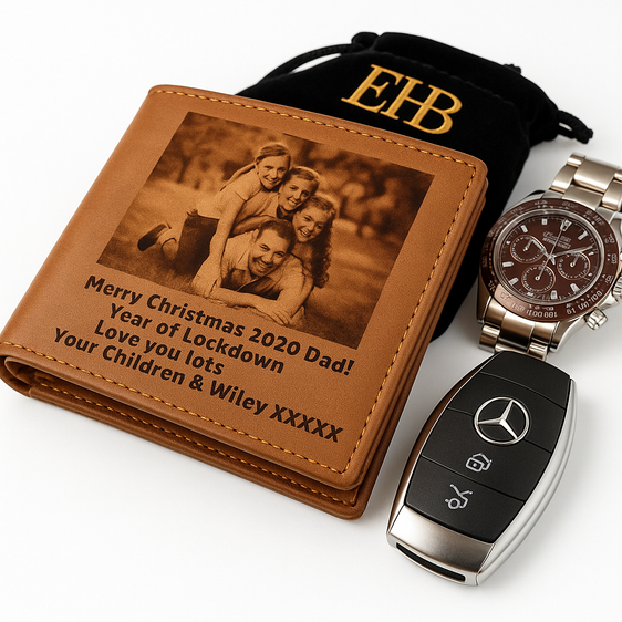 Mens Engraved Brown Wallet image photo Gift Boyfriend Father Personalised