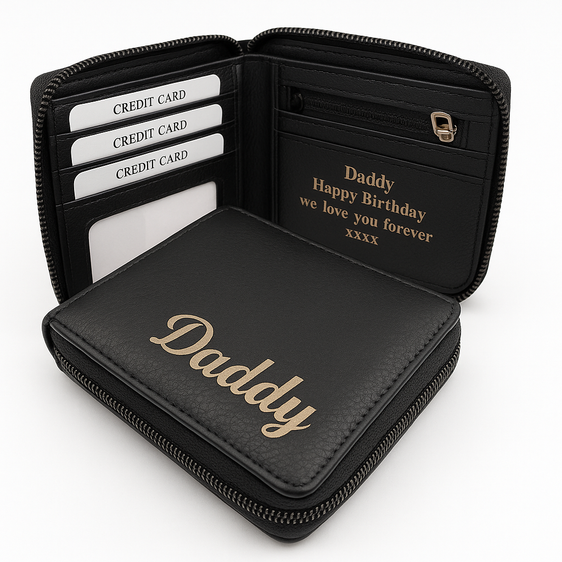 Mens Wallet Engraved Black Zip Wallet Gift Boyfriend Fathers day Personalised Zip