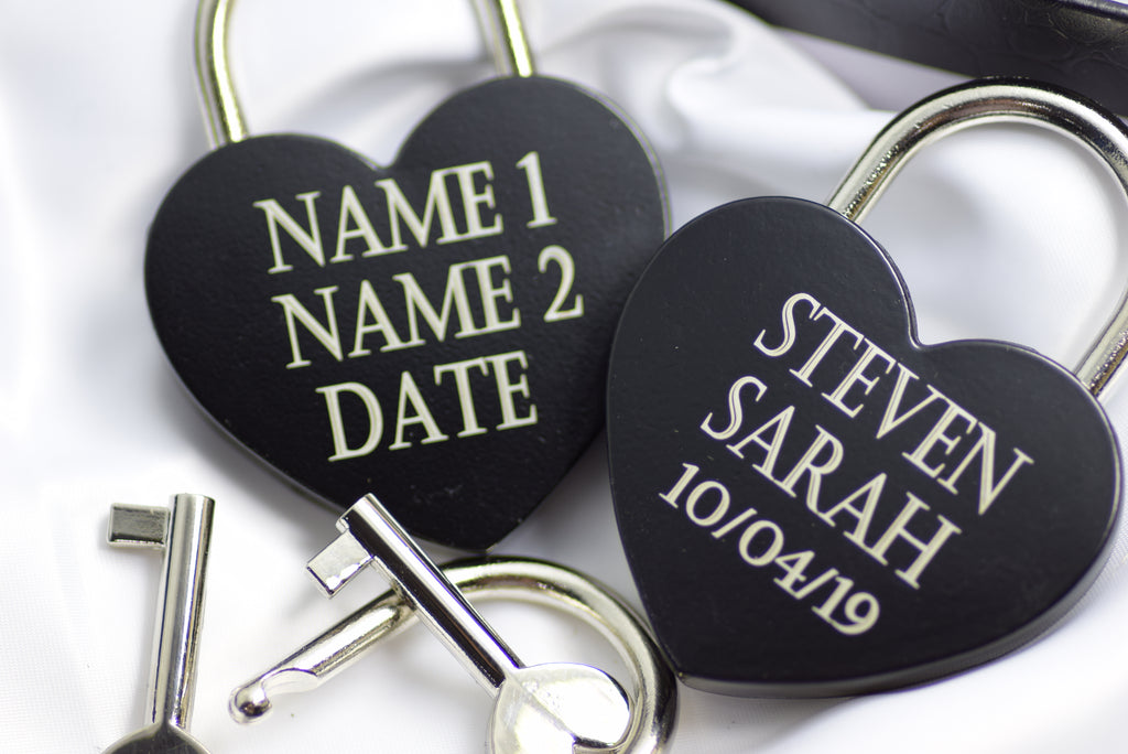 Love Lock Heart Shaped Engraved perrsonalised keepsake Black