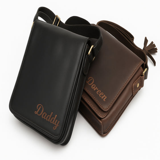 Leather Bag Satchel engraved personalised real hide leather travel bag side bag shoulder bag