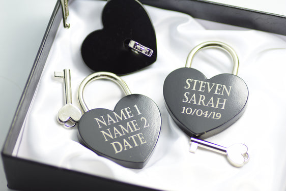 Love Lock Heart Shaped Engraved perrsonalised keepsake Black