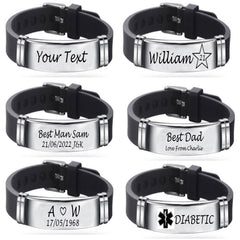 Rubber Silver Engraved Bracelet Personalised Engraved