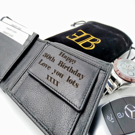 Mens Engraved Black Wallet Gift Boyfriend Father Personalised