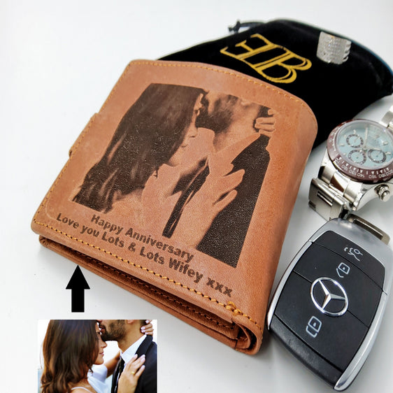 Mens Engraved Brown Wallet image photo Gift Boyfriend Father Personalised