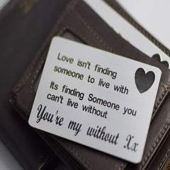 Silver Wallet insert gift message Love isnt card personalised engraved gift