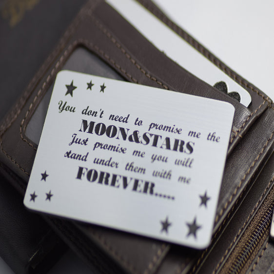 Silver Wallet insert gift message moon and stars card personalised engraved gift