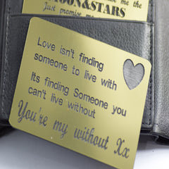 Gold Wallet insert gift message Love isnt card personalised engraved gift