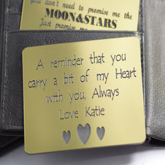 Gold Wallet insert gift message a reminder card personalised engraved gift