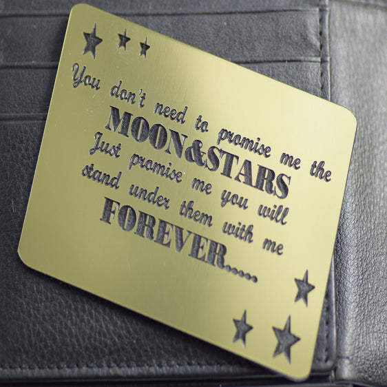 Gold Wallet insert gift message moon and stars card personalised engraved gift