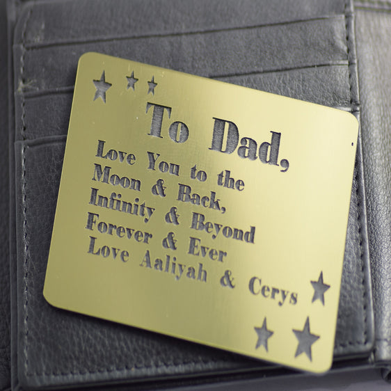 Gold Wallet insert gift message to dad card personalised engraved gift